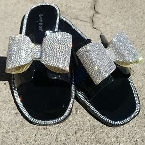 Black Jelly White Crystal Rhinestone Bow Sandals